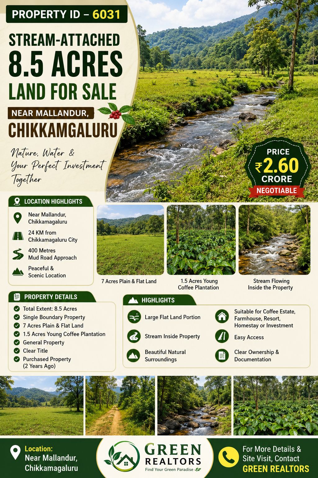 🆔 *PROPERTY ID – 6031* ☕🌿 *Stream-Attached 8.5 Acres Land for Sale – Near Mallandur, Chikkamagaluru*